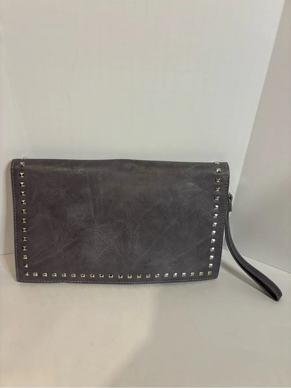 Stud-Trim Gray Wristlet Clutch